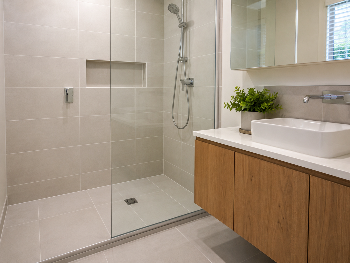 Clean epoxy regrouted shower with glass screen and vanity