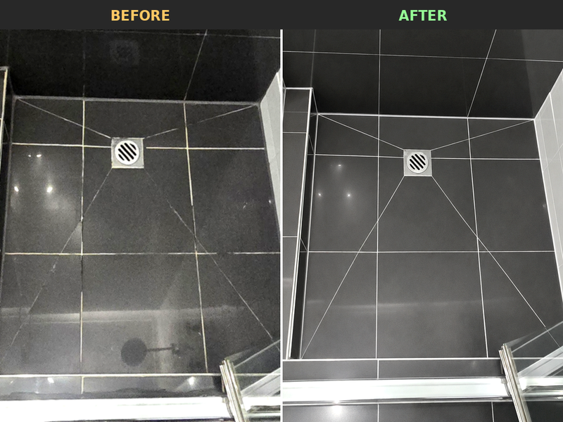 Black shower base epoxy regrout before and after