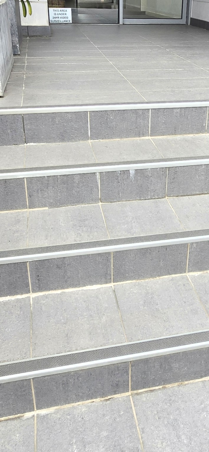 Efflorescence on tiled steps showing white salt deposits