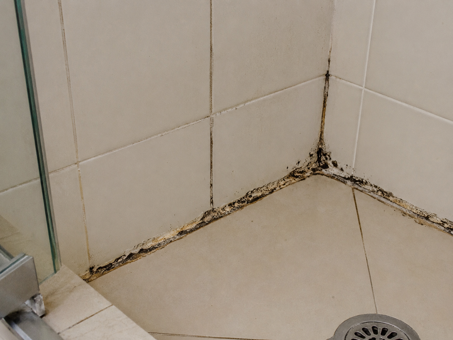 Mouldy silicone and failed grout in a tiled shower corner